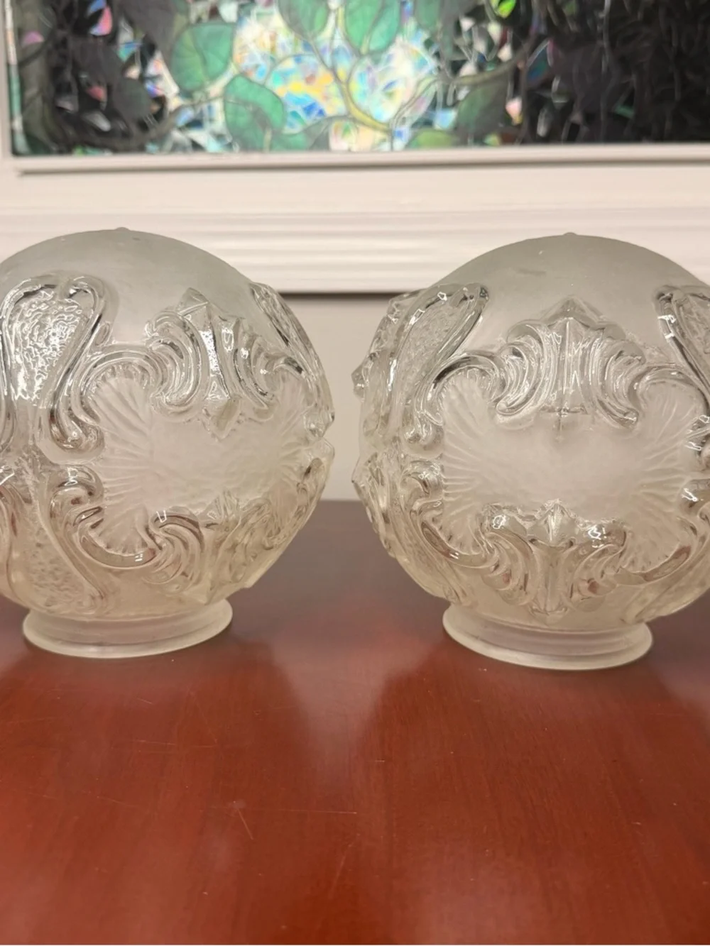 French Style Set of 2 Frosted Fancy Raised Light Glass Globe 7” diameter
